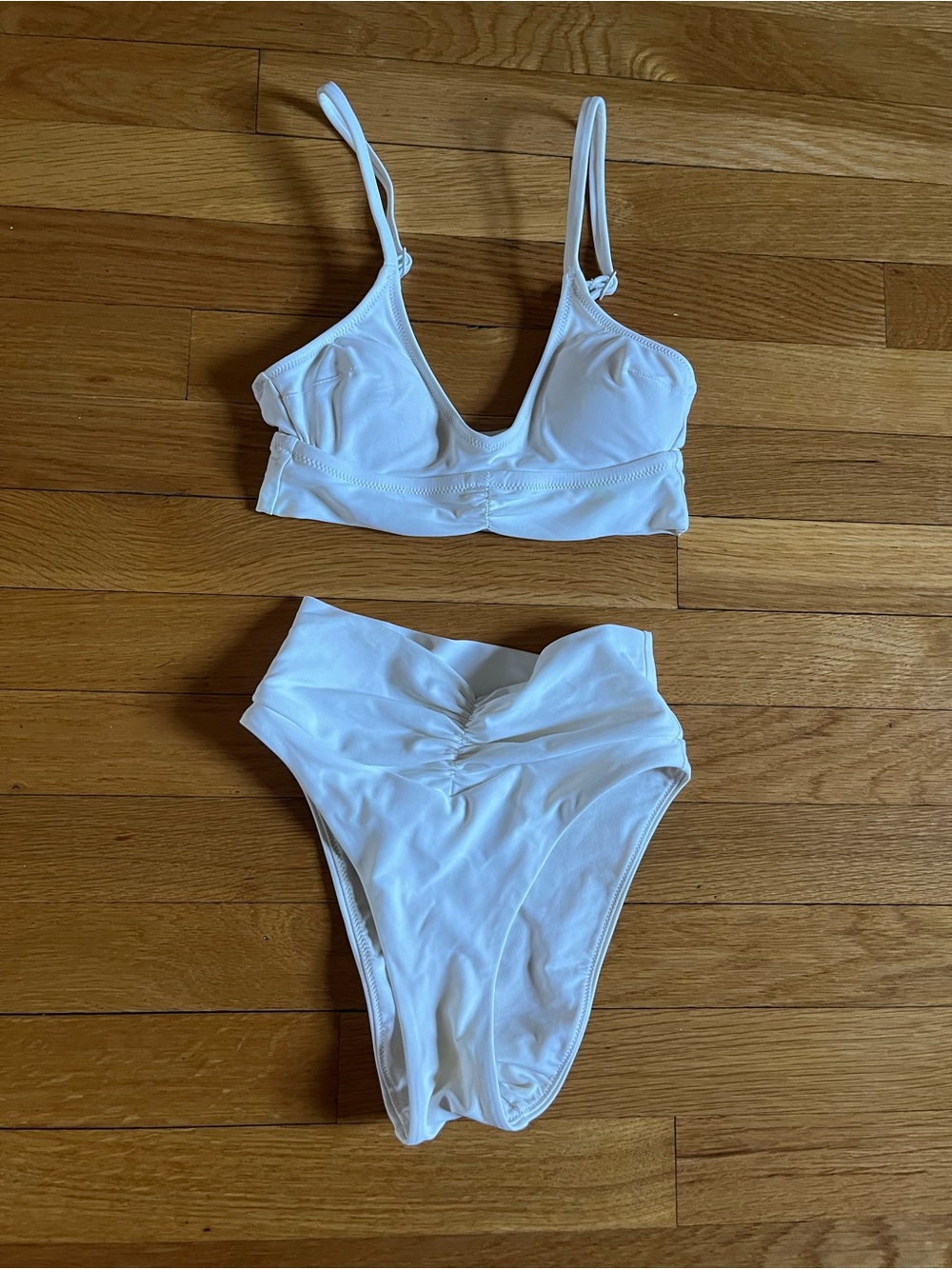 aerie White Two-Piece Bikini Set - Padded Top and Ruched Back Bottoms
